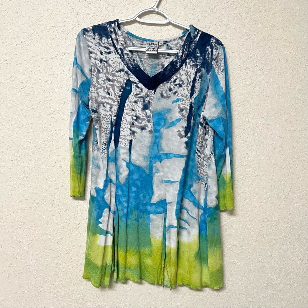 Parsley & Sage Abstract Tunic Top Blue Watercolor Lagenlook Rayon Size S V Neck